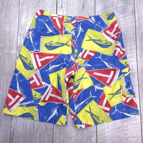 Columbia PFG Board Shorts Mens 32 Blue Yellow Pull On Swim Surf Beach Trunks - Picture 2 of 7